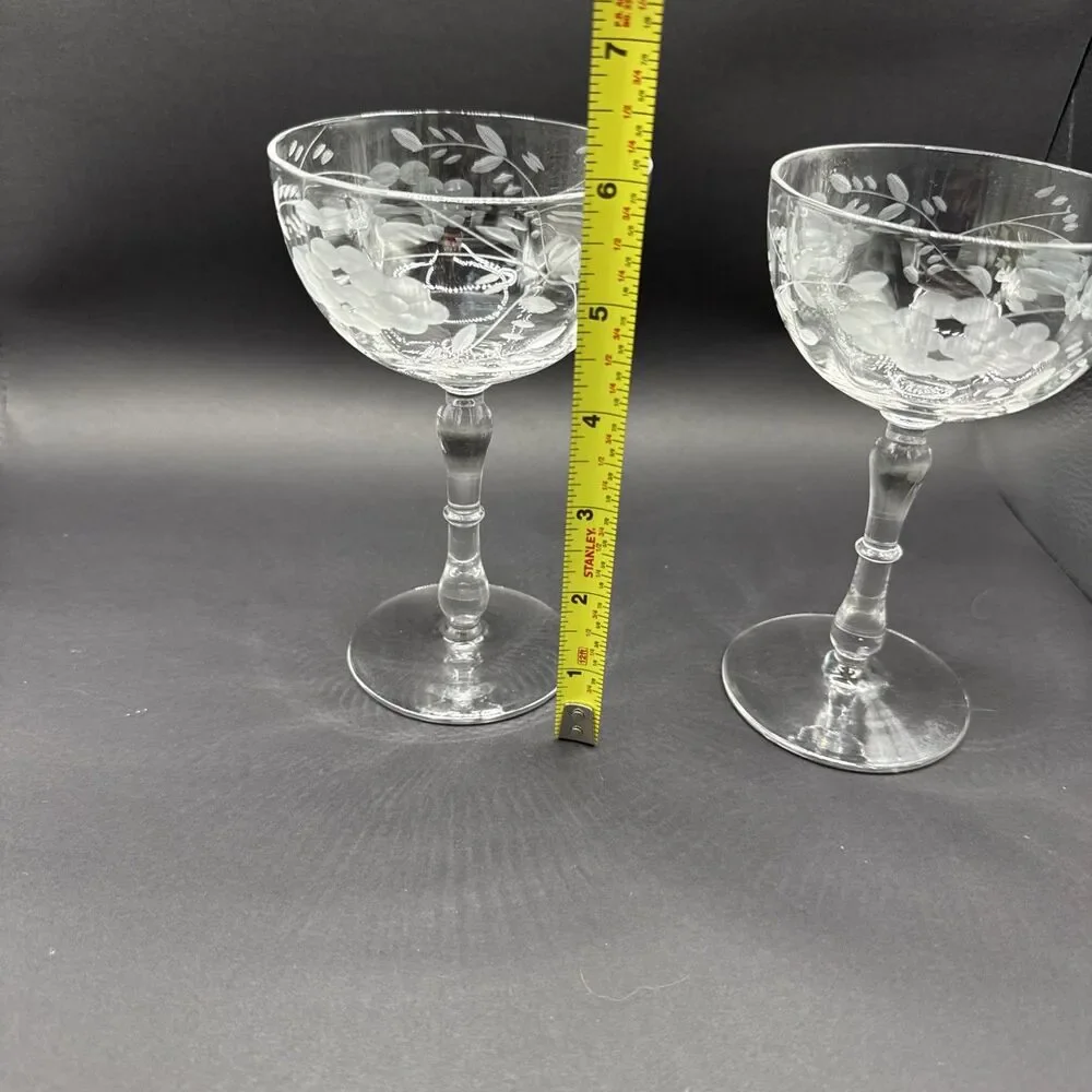 Set Of 2 Vintage Etched (Floral) Crystal Sherry Wine Cocktail Glasses 6”